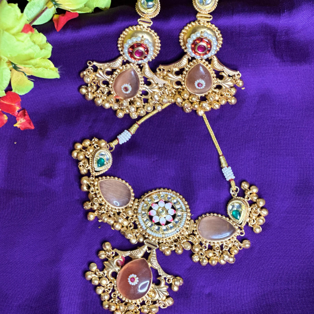 Gold-toned chandbali-style Earrings with Neck Piece with colorful gemstones and delicate bead detailing.
