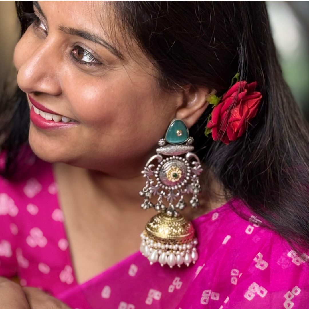 Dual Tone Jhumka with Pearl hangings