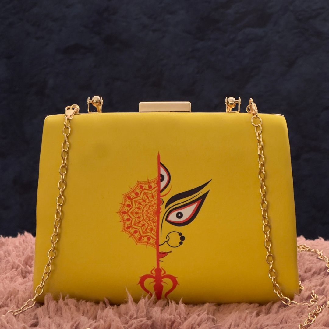 Quirky handbag featuring a vibrant Durga Maa print, blending tradition with contemporary style