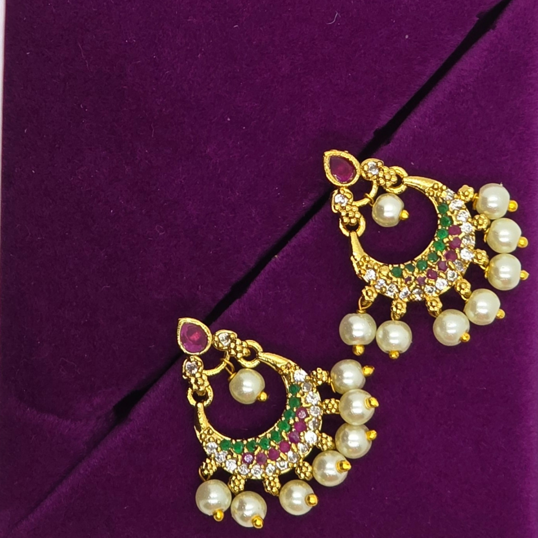 CZ Chandbali Earrings with Pearl Hangings