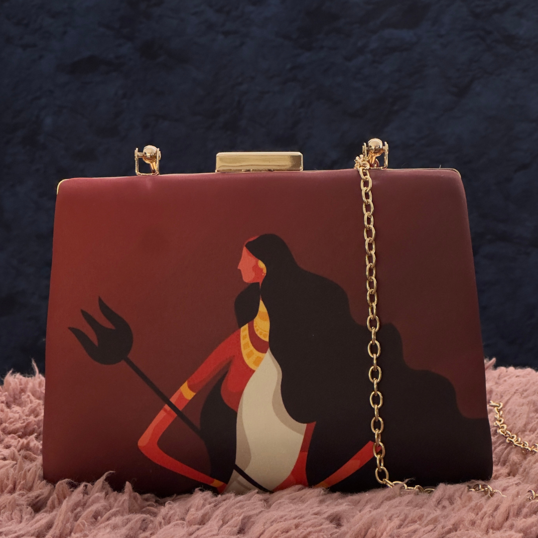Bold and artistic handbag featuring a modern Maa Durga illustration, perfect for a statement look