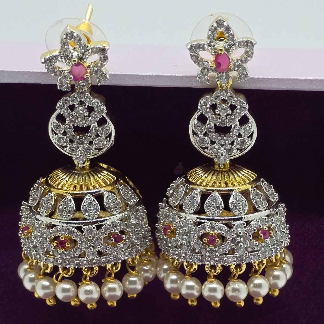 CZ Jhumki with Pink Stones & Pearl Hangings