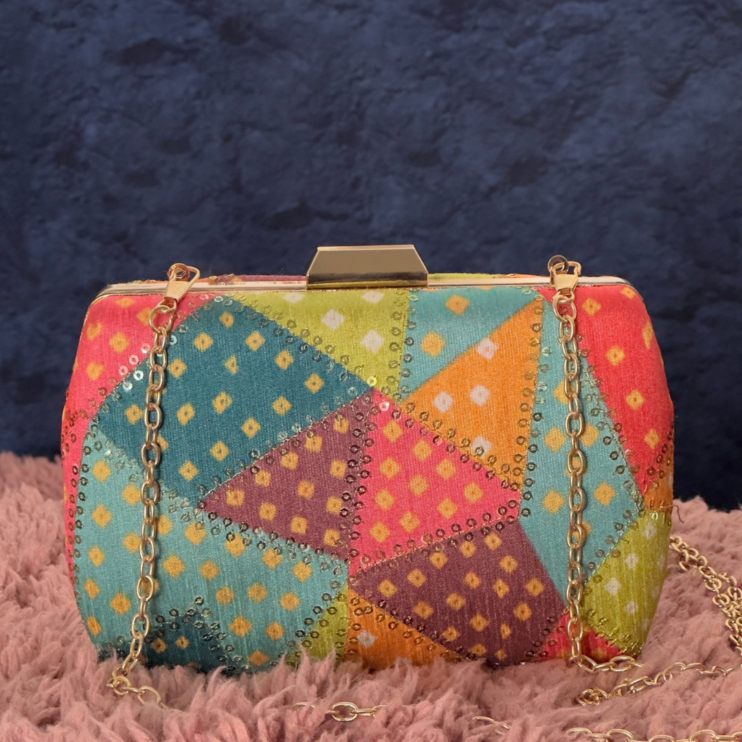 Vibrant multicolor patchwork handbag with intricate detailing, adding a playful touch to any outfit