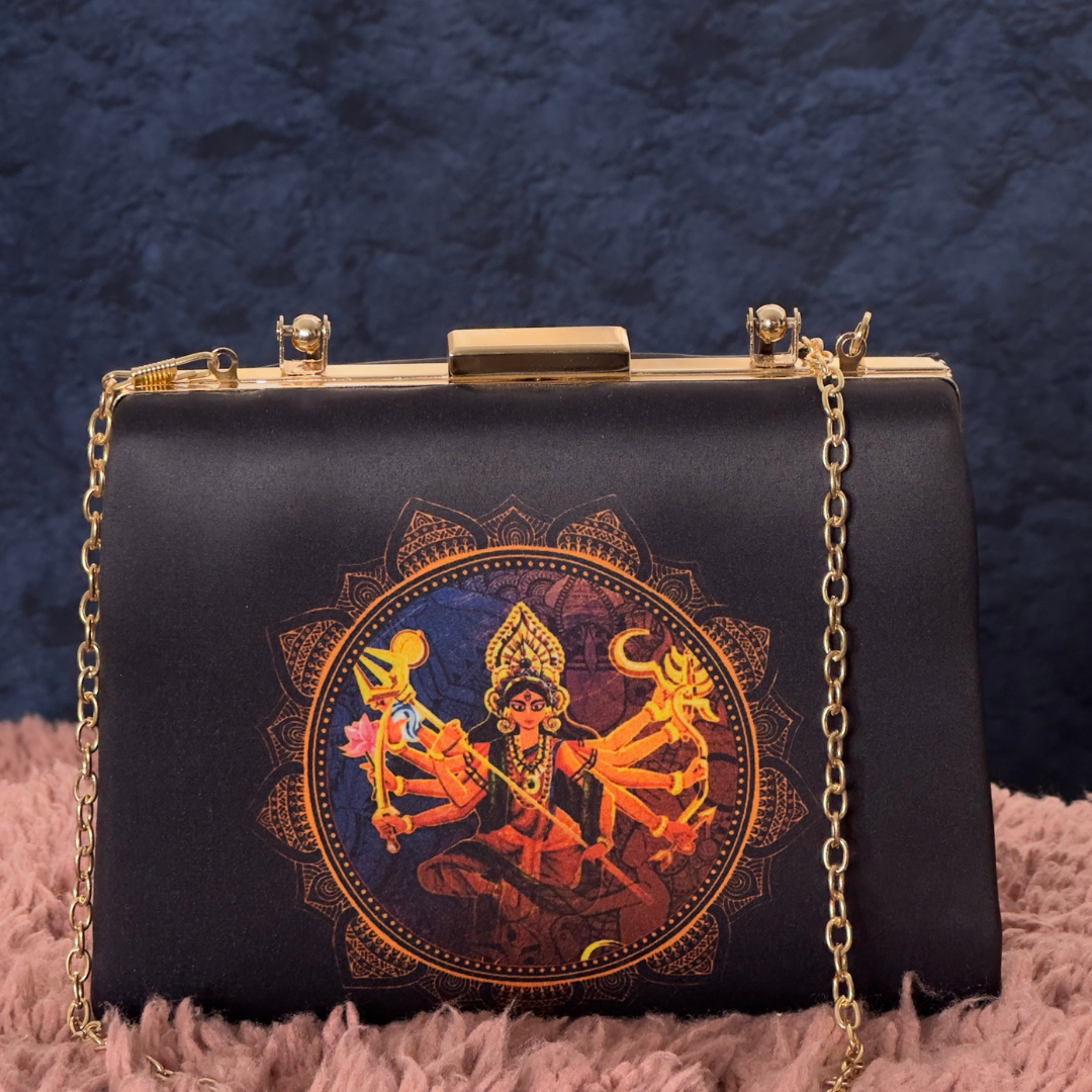 Bold black handbag featuring a striking Maa Kali print, blending spirituality with contemporary fashion