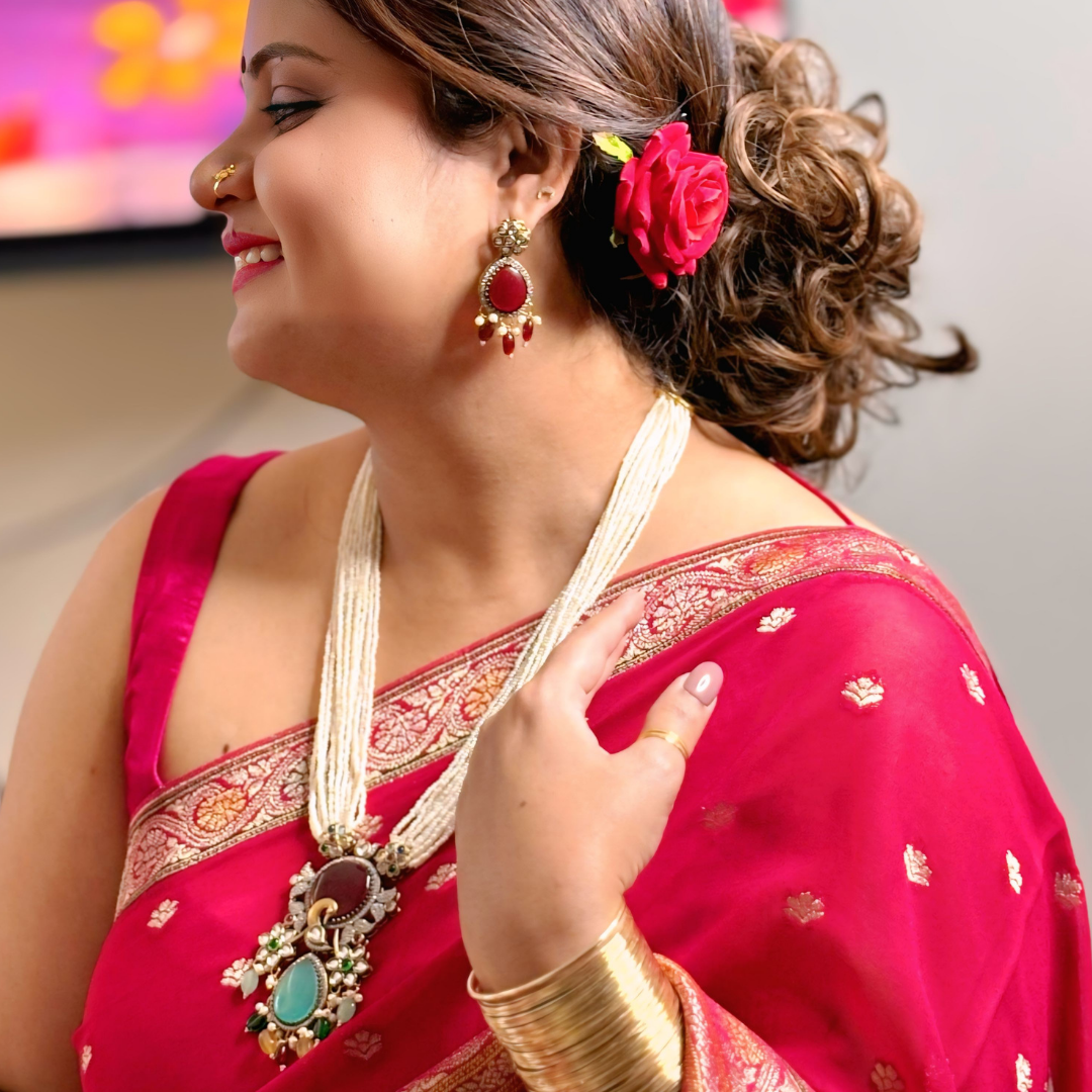 Pearl Beaded necklace set with Red and green gemstone pendant