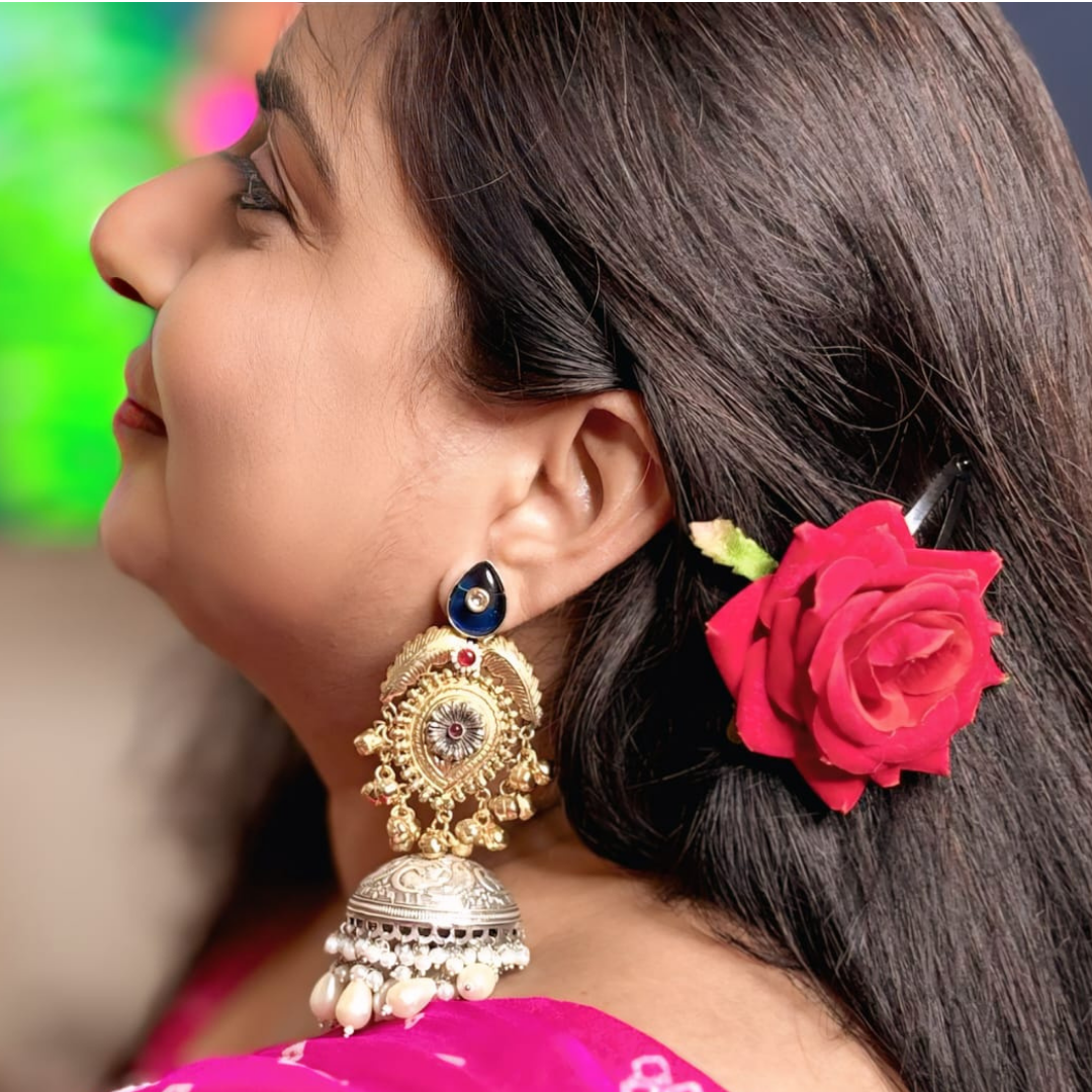 Gold and silver jhumkas with Pearl hangings