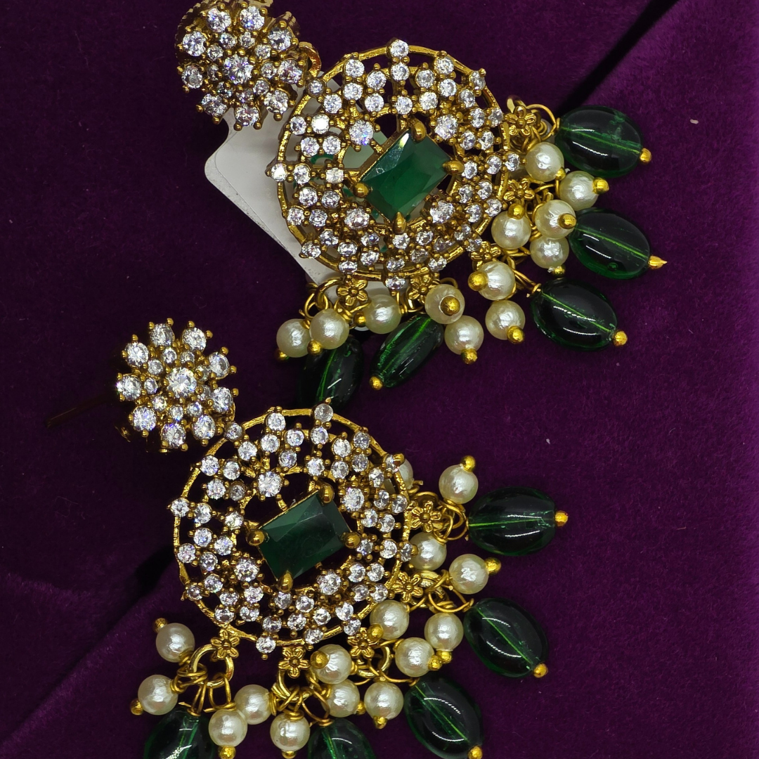 Elegant gold-plated CZ earrings adorned with Green Stones & Pearls