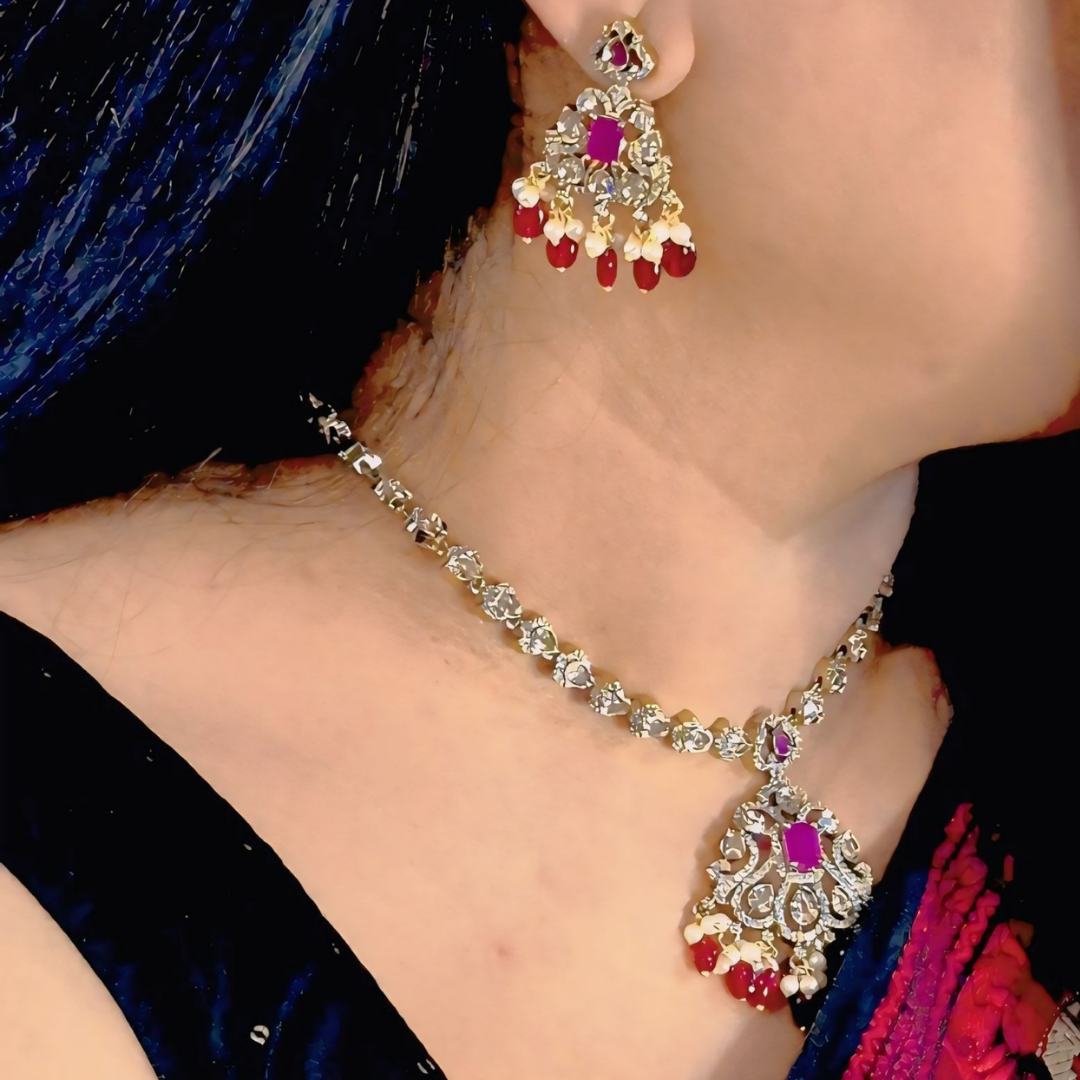 Gold Tone CZ with Pink stones Necklace Set