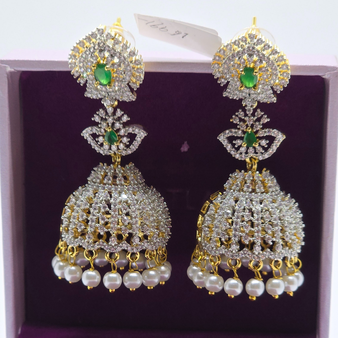 CZ Jhumki with Green Stones & Pearl Hangings